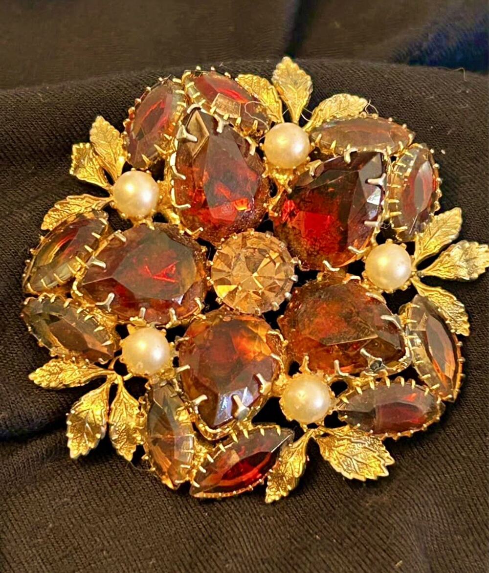 Vintage 3” Amber Topaz Glass Rhinestone Faux Pearl Statement Brooch Pin